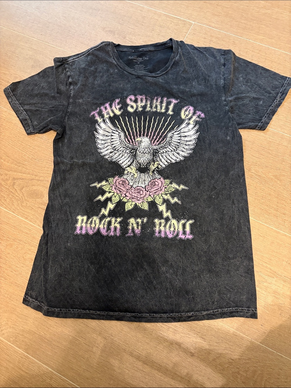 Rebellious One Black Graphic Eagle Rock Tee with Pink Roses